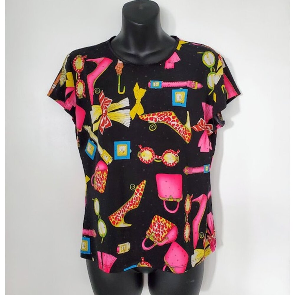 Caia Fashion Accessories Bold Colorful All-Over Pattern Print T-Shirt Size L